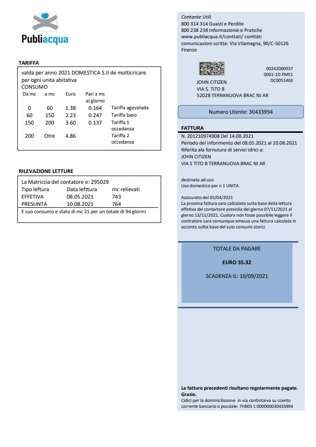 Italy Publiacqua utility bill template in Word and PDF format